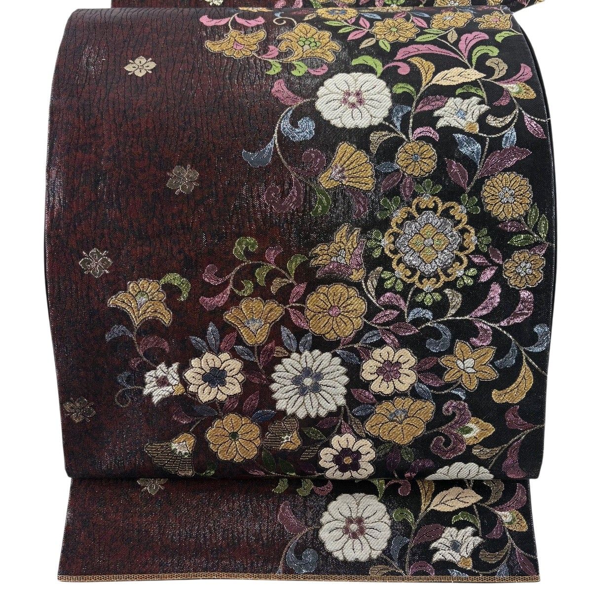 【美品】 袋帯 秀品 草花 金糸 箔 えんじ色 六通 正絹 【中古】