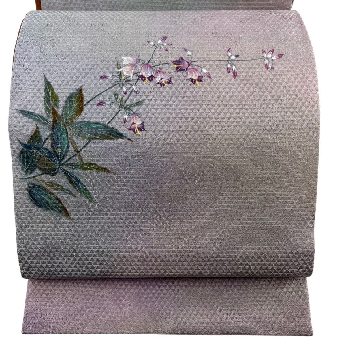 【美品】 袋帯 秀品 落款 草花 灰紫 お太鼓柄 正絹 【中古】