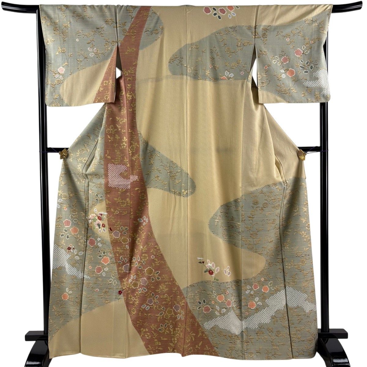 訪問着 身丈167cm 裄丈67cm M 袷 秋草 草花 金糸 刺繍 ベージュ 正絹 秀品 【中古】