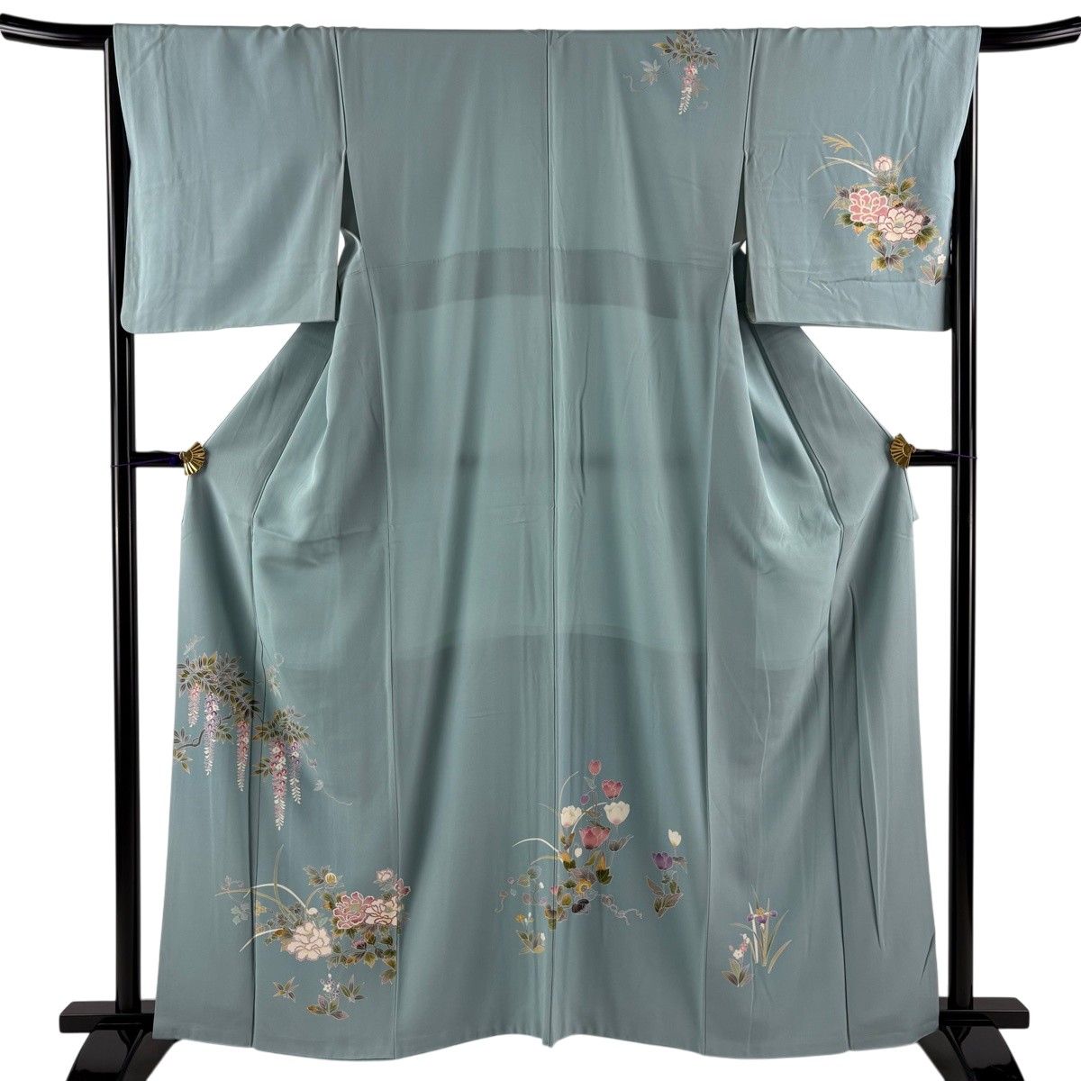 訪問着 身丈161.5cm 裄丈66cm M 袷 藤 牡丹 水色 正絹 秀品 【中古】