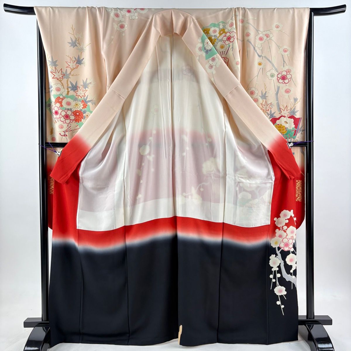 振袖 身丈169cm 裄丈67.5cm L 袷 扇 枝梅 金銀糸 刺繍 薄ピンク 正絹 