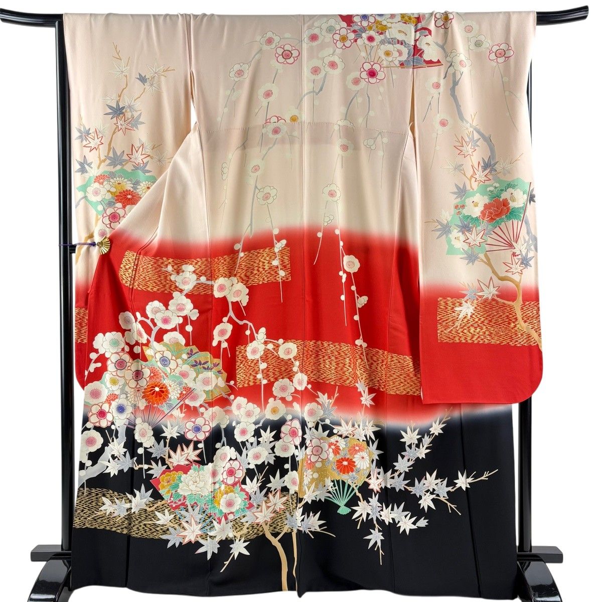 振袖 身丈169cm 裄丈67.5cm L 袷 扇 枝梅 金銀糸 刺繍 薄ピンク 正絹 