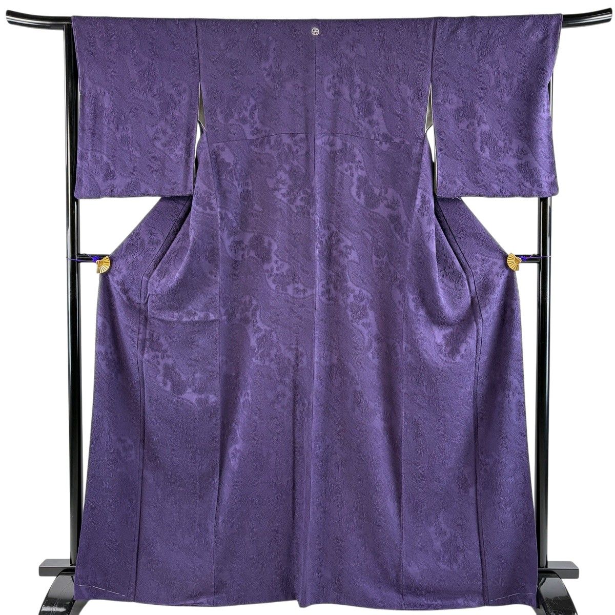 【美品】 小紋 身丈167cm 裄丈67.5cm L 袷 草花 霞 紋意匠 濃紫 正絹 秀品 一つ紋 【中古】