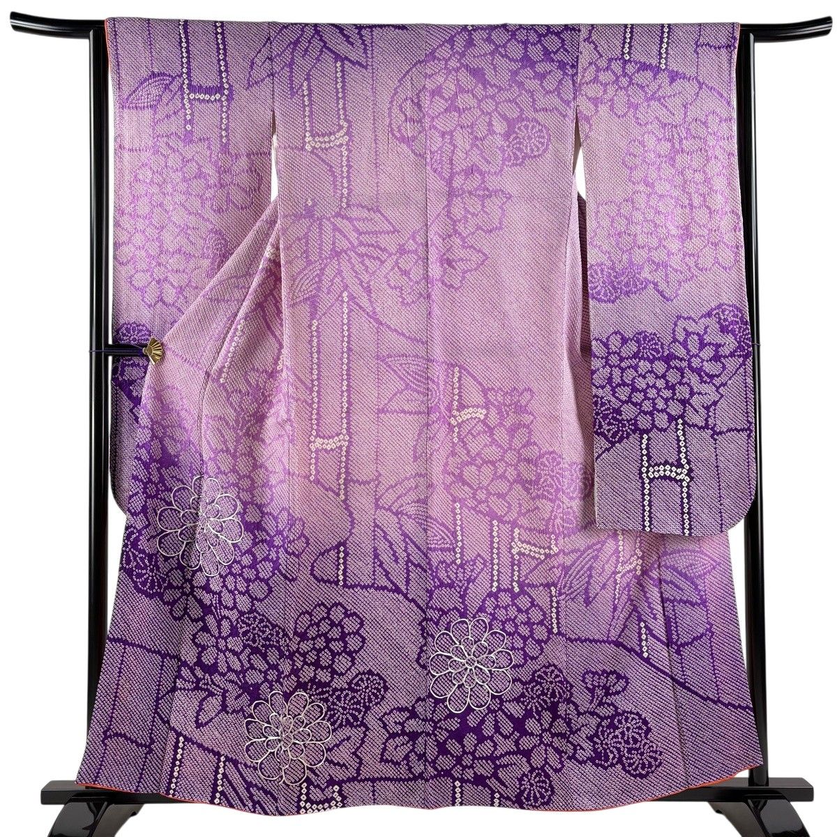 振袖 身丈160cm 裄丈64cm M 袷 菊 笹 総絞り 銀糸 紫 正絹 秀品 【中古
