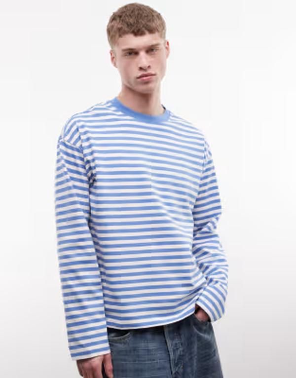 ウィークデイ メンズ トップス Tシャツ Weekday boxy fit long sleeve tshirt offwhite stripes Bluewhite stripe ホワイト