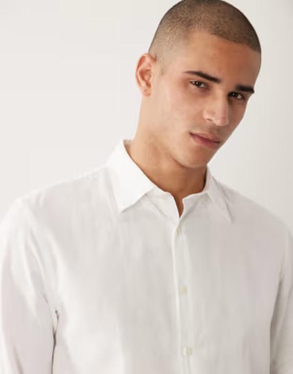 セレクティッド メンズ トップス シャツ リネン Selected linen blend long sleeve shirt Bright White ホワイト