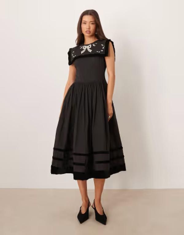 フォーラブアンドレモン レディース トップス ワンピース ミディ ベルベット 刺繍 For Love Lemons poplin and velvet mix embroidered bib deta