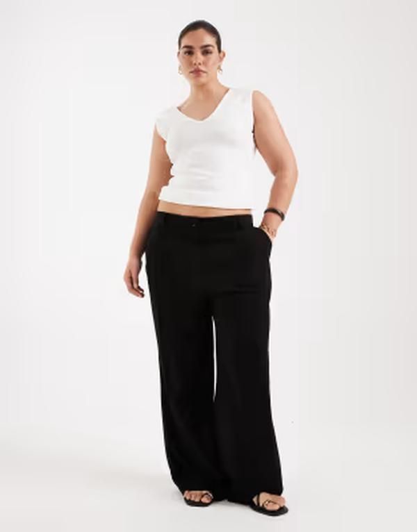 エイソス レディース ボトムス カジュアルパンツ ワイドレッグ リネン ASOS Curve ASOS DESIGN Curve wide leg pants with pleat detail in