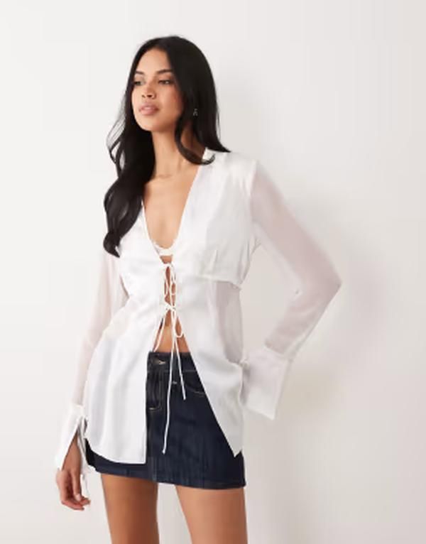 エイソス レディース トップス シャツ サテン ASOS DESIGN tie front satin top Ivory アイボリー