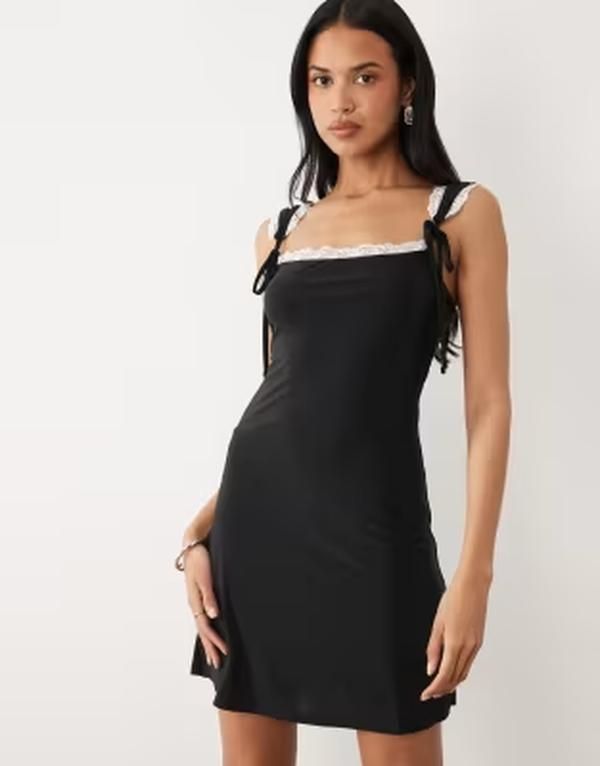 エイソス レディース トップス ワンピース ミニ コントラスト レース ASOS DESIGN slinky mini dress with ties and contrast lace Black