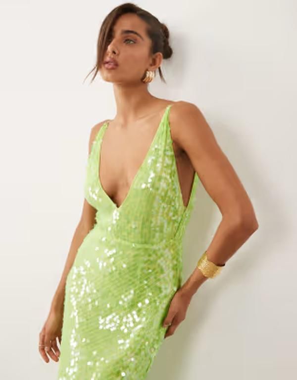 エイソス レディース トップス ワンピースパンコール マキシ ASOS DESIGN iridescent sequins deeplunge neck fishtail maxi dress Gre