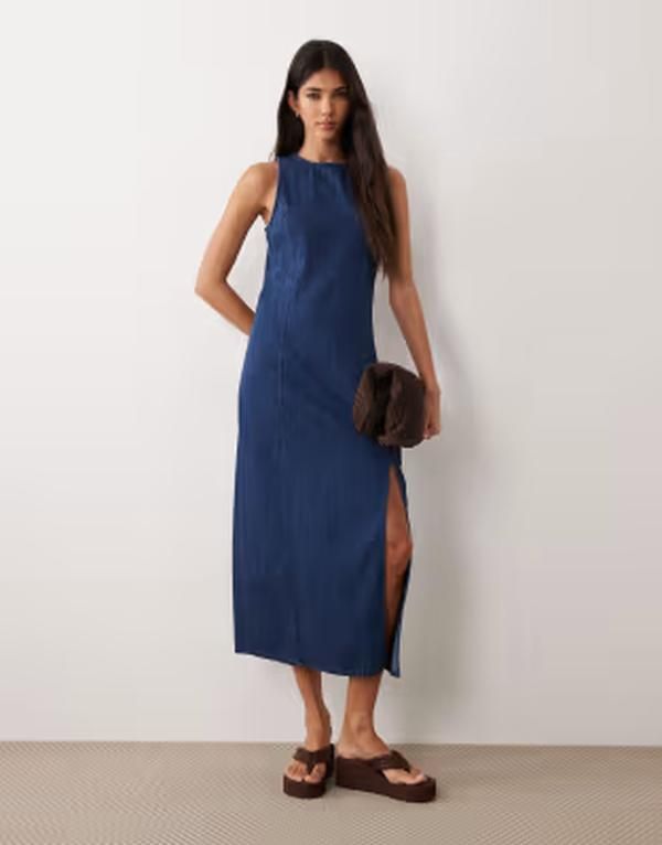 エイソス レディース トップス ワンピース ミディ デニム ASOS DESIGN denim fitted midi dress in rich mid RICH JANE デニム