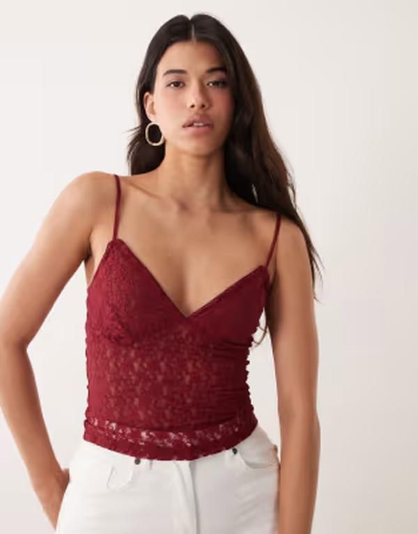 エイソス レディース トップス シャツ レース ASOS DESIGN lace cami top in dark Red レッド