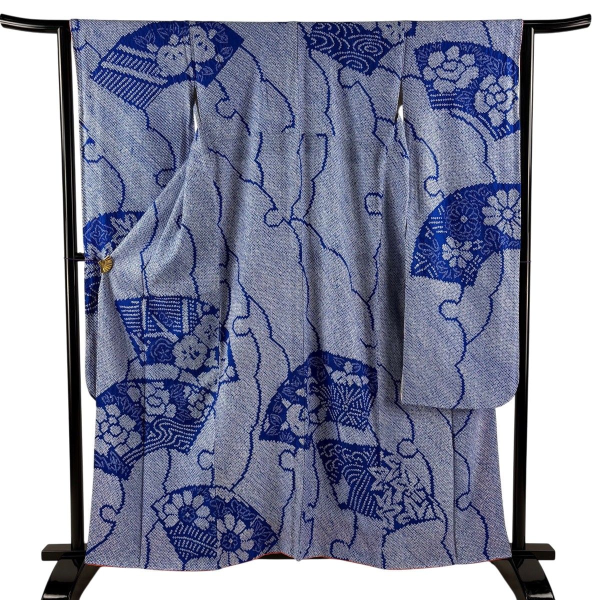 振袖 身丈158.5cm 裄丈64cm M 袷 扇面 草花 総絞り 青 正絹 秀品
