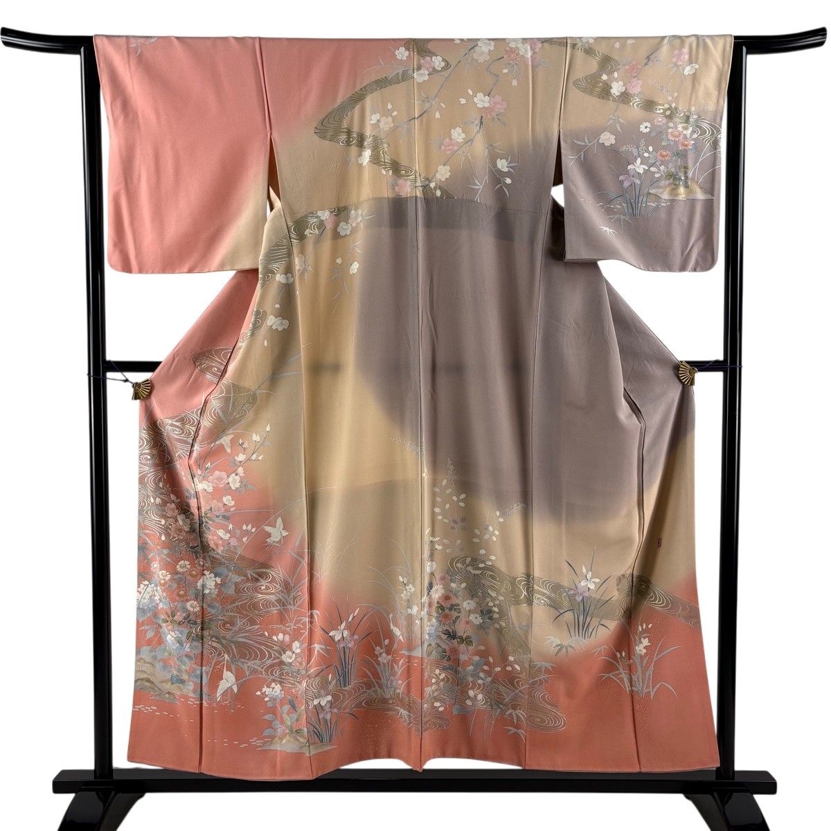 美品】 訪問着 身丈155cm 裄丈64.5cm M 袷 落款 花鳥 流水 金銀彩