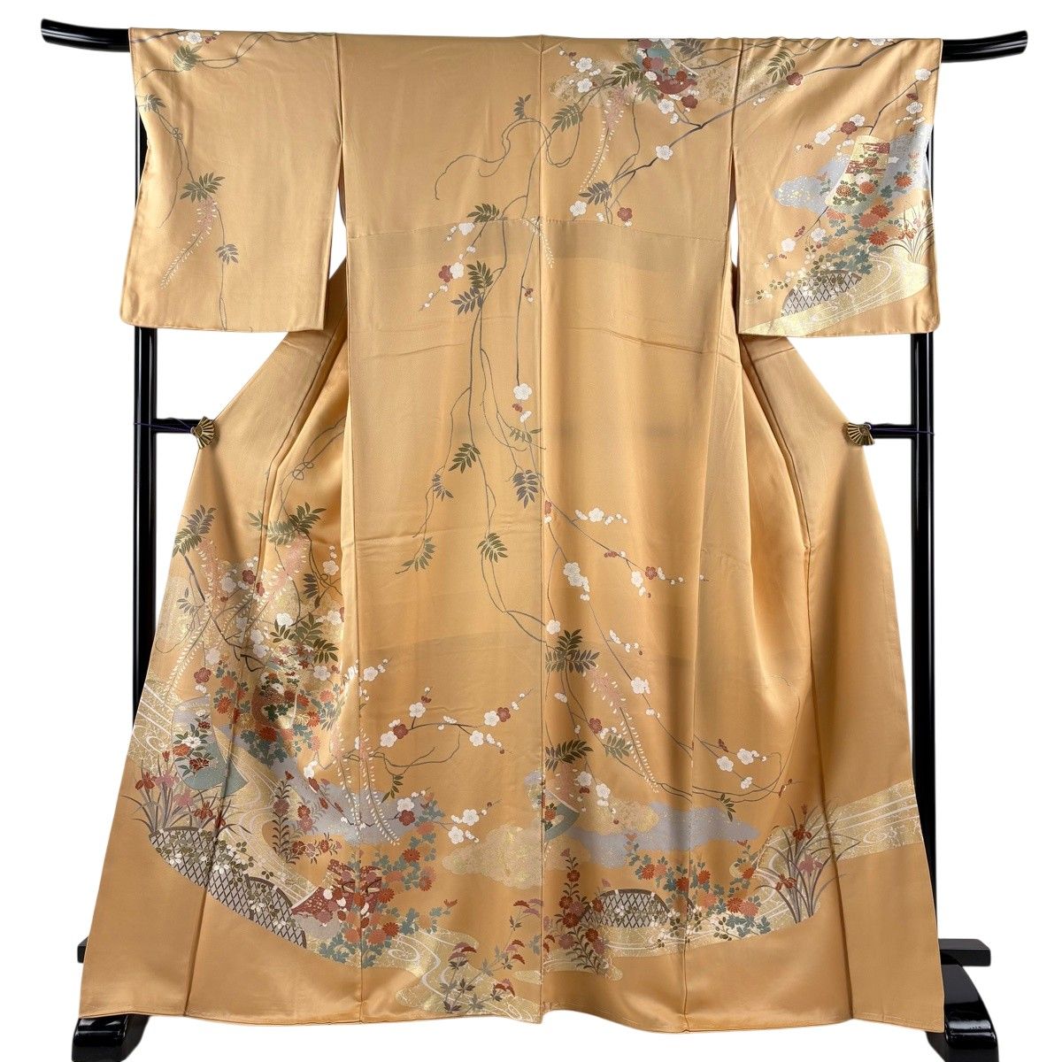 美品 訪問着 袷 正絹 着物 148㎝ ベージュ 水色 オレンジ アンティーク