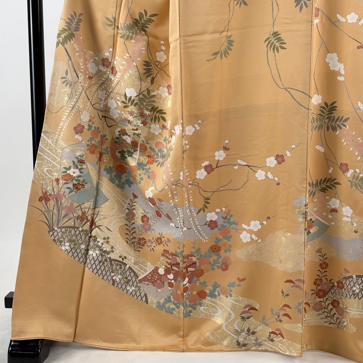美品】 訪問着 身丈166.5cm 裄丈69cm L 袷 誰が袖 菊 金彩 オレンジ