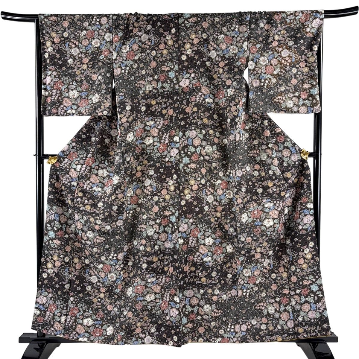 【美品】 小紋 身丈159cm 裄丈68cm L 袷 草花 雲文 焦茶色 正絹 秀品 【中古】