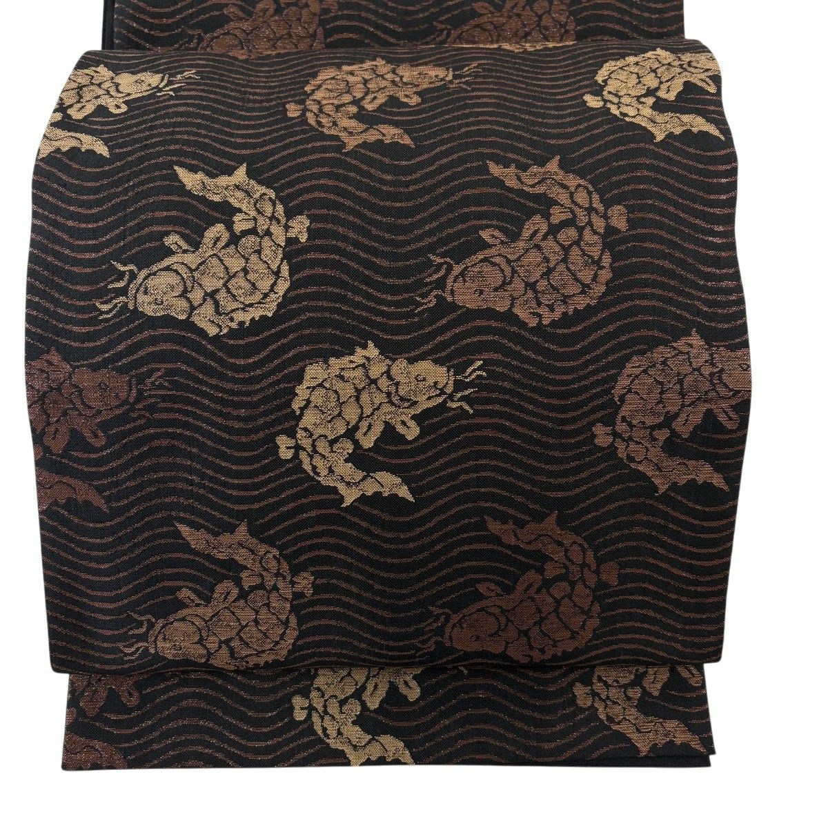 【美品】 袋帯 逸品 紬地 荒磯 よろけ縞 焦茶色 お太鼓柄 正絹 【中古】