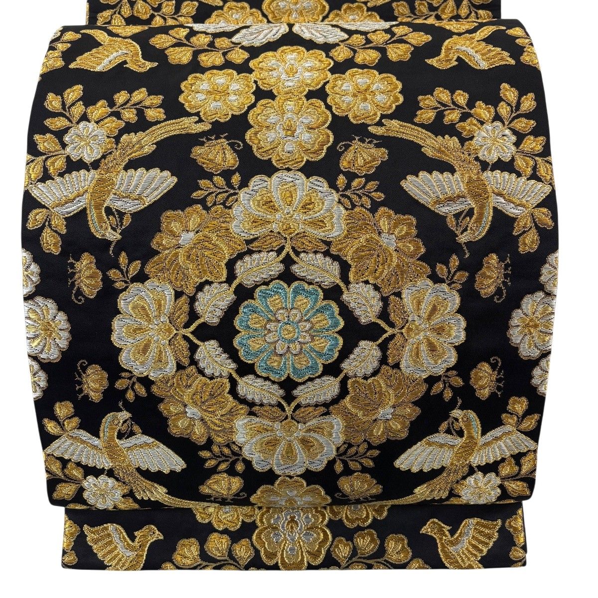 袋帯 逸品 龍村晋 落款 吐魯番花鳥文錦 金銀糸 箔 黒 全通 正絹 【中古】