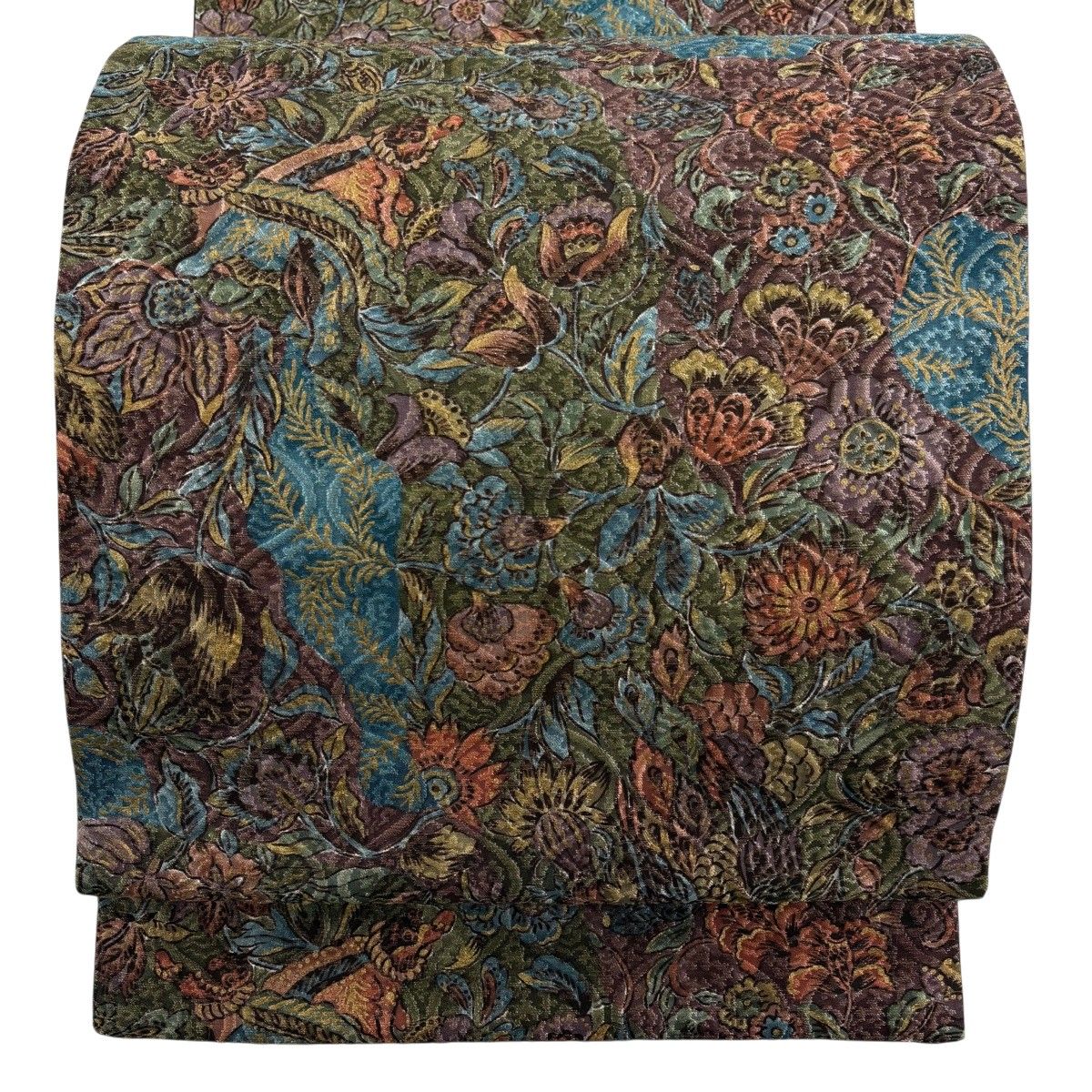 袋帯 名品 鳥 草花 金糸 金彩 茶紫 全通 正絹 【中古】