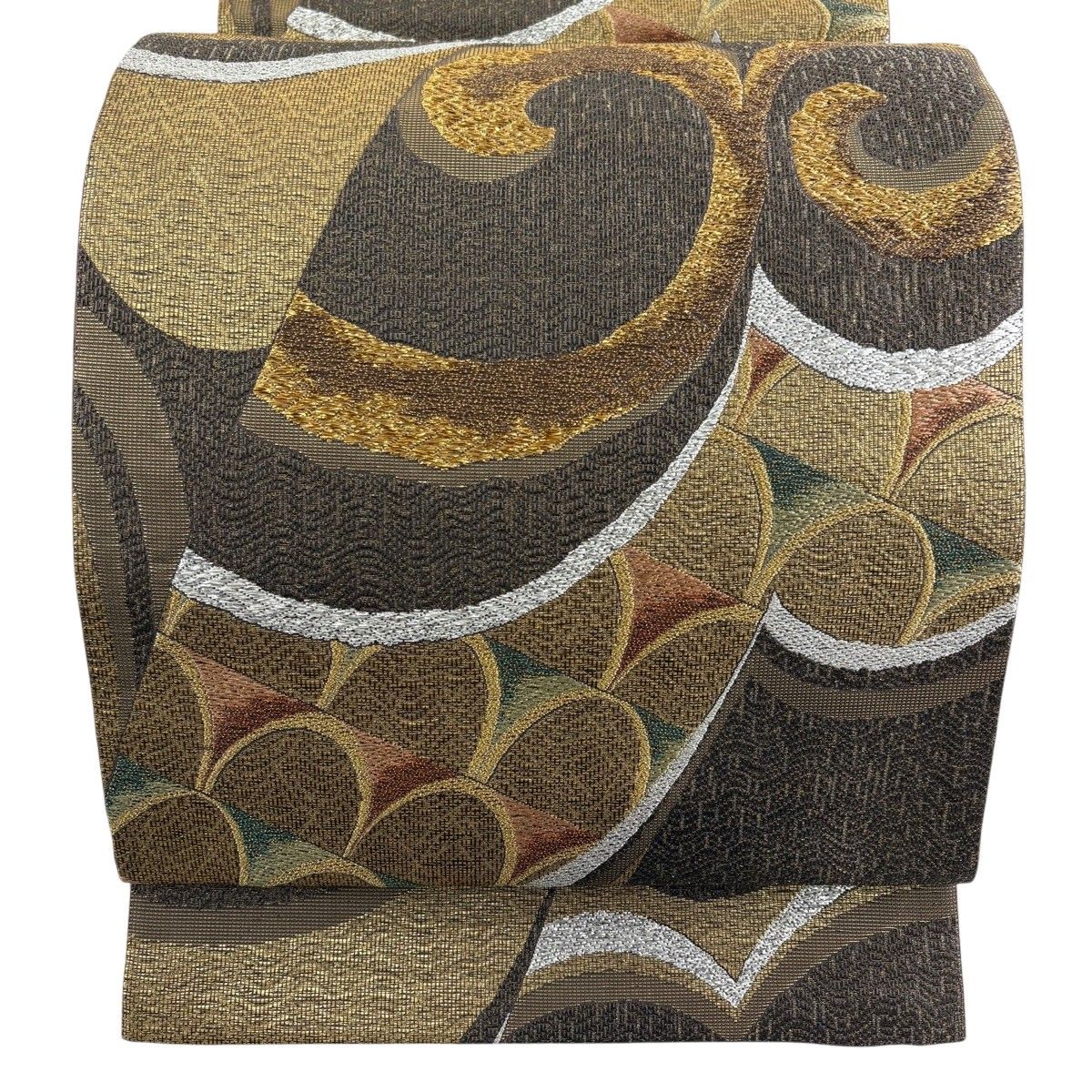 【美品】 袋帯 名品 幾何学模様 金糸 箔 焦茶色 六通 正絹 【中古】