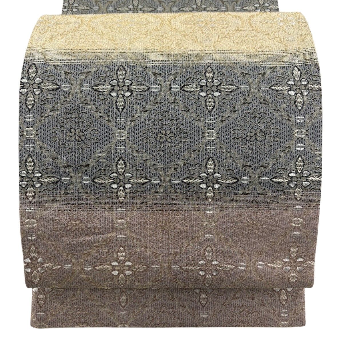 【美品】 袋帯 名品 華文 縞 金糸 灰紫 六通 正絹 【中古】