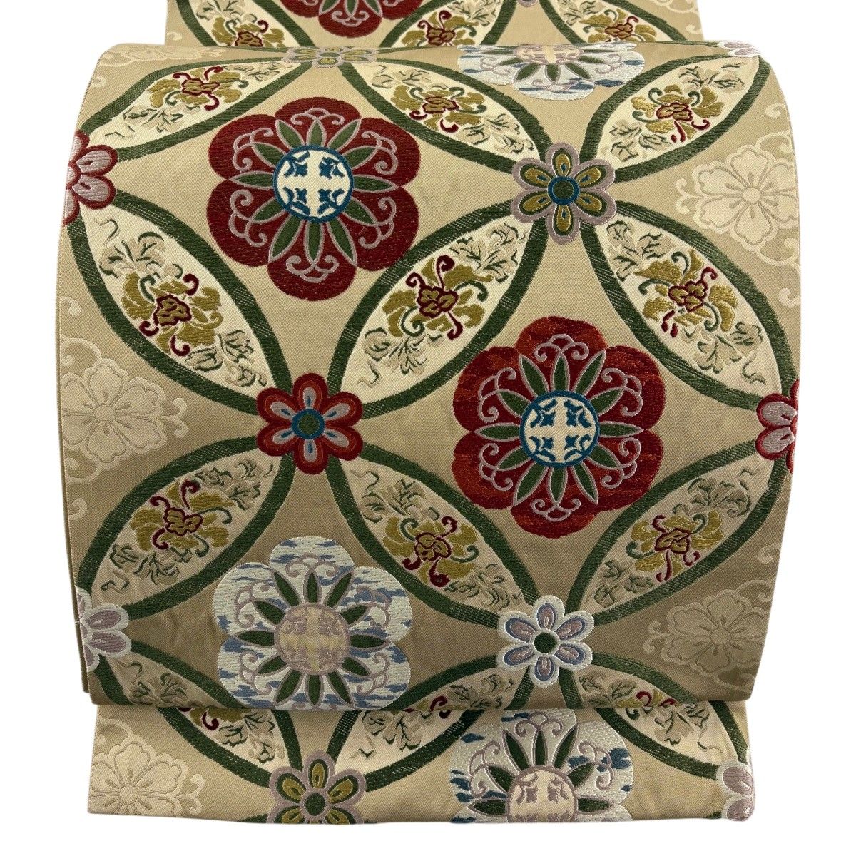 【美品】 袋帯 名品 華文 花唐草 唐織 ベージュ 六通 正絹 【中古】