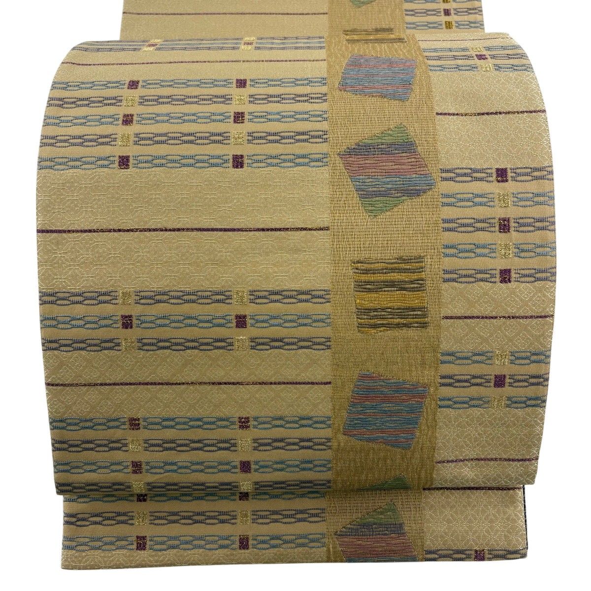 【美品】 袋帯 名品 やまと 縞 幾何学模様 金糸 刺繍 薄茶色 六通 正絹 【中古】