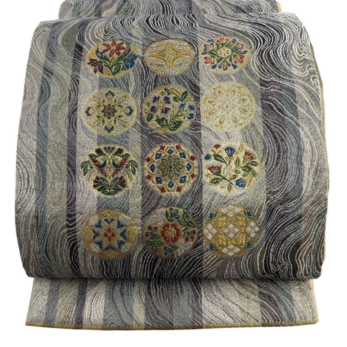 【美品】 袋帯 名品 花鳥 縞 金銀糸 箔 灰色 六通 正絹 【中古】