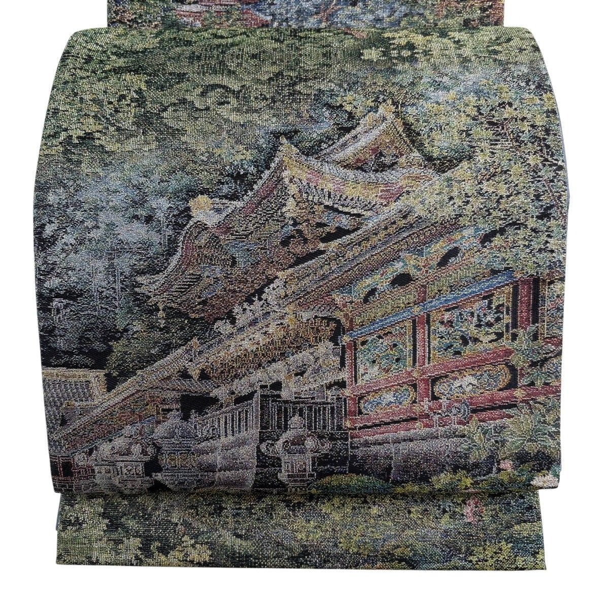 【美品】 袋帯 名品 建物 樹木 箔 緑 お太鼓柄 正絹 【中古】 12,324円