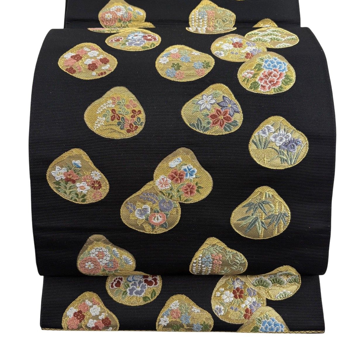 【美品】 袋帯 秀品 夫婦貝 貝合わせ 草花 金糸 箔 黒 六通 正絹 【中古】