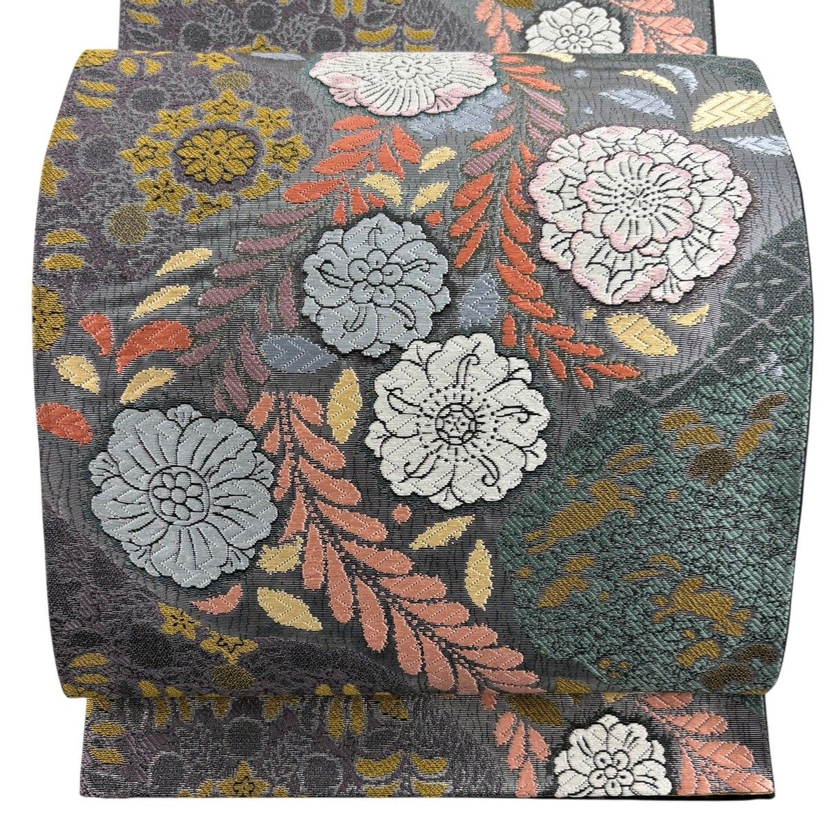 【美品】 袋帯 秀品 吟遊辻が花龍田川文 辻が花 うさぎ 箔 唐織 灰緑 六通 正絹 【中古】
