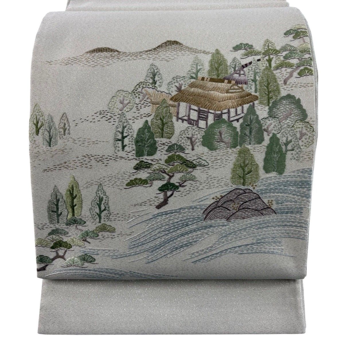 【美品】 袋帯 秀品 風景 家屋 銀糸 白 お太鼓柄 正絹 【中古】