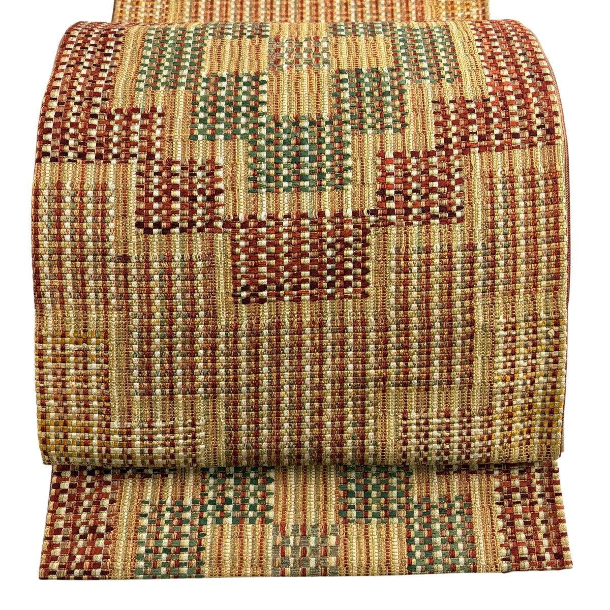 【美品】 袋帯 秀品 花 幾何学模様 金糸 箔 山吹色 お太鼓柄 正絹 【中古】