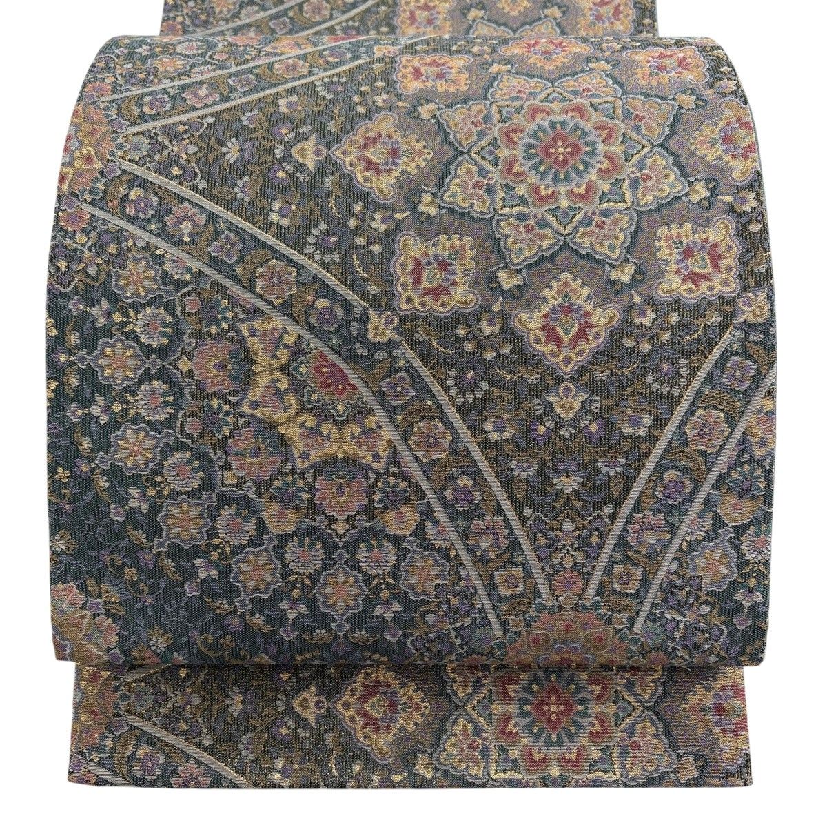 【美品】 袋帯 秀品 華文 草花 金銀糸 箔 灰緑 六通 正絹 【中古】