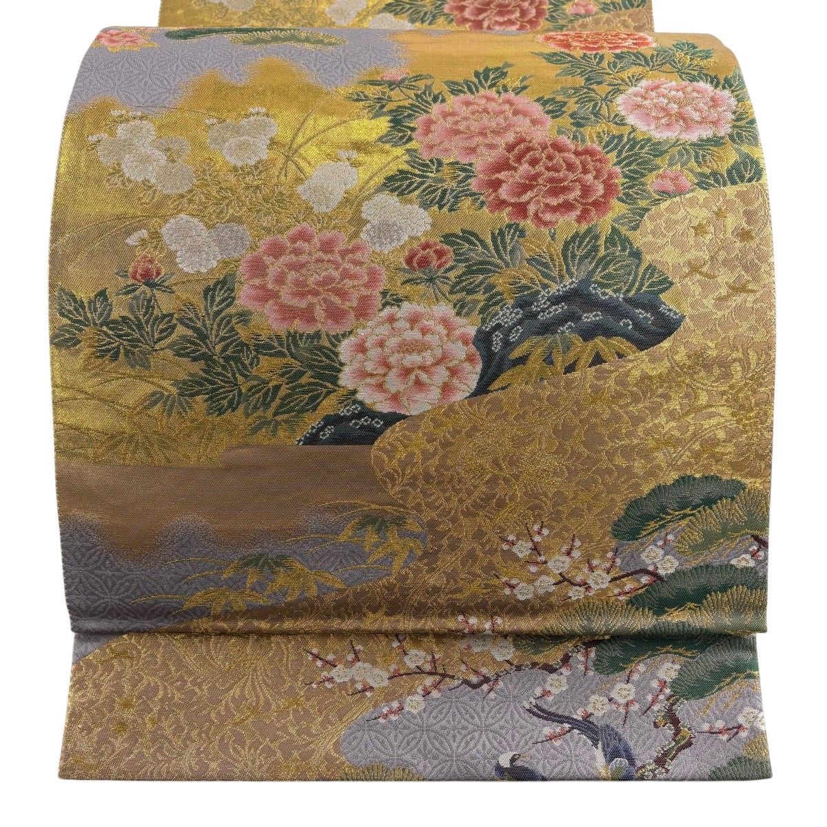 【美品】 袋帯 秀品 松竹梅 牡丹 金糸 箔 薄紫 六通 正絹 【中古】