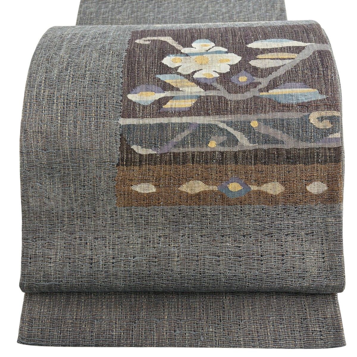 【美品】 袋帯 秀品 枝花 金糸 灰紫 お太鼓柄 正絹 【中古】