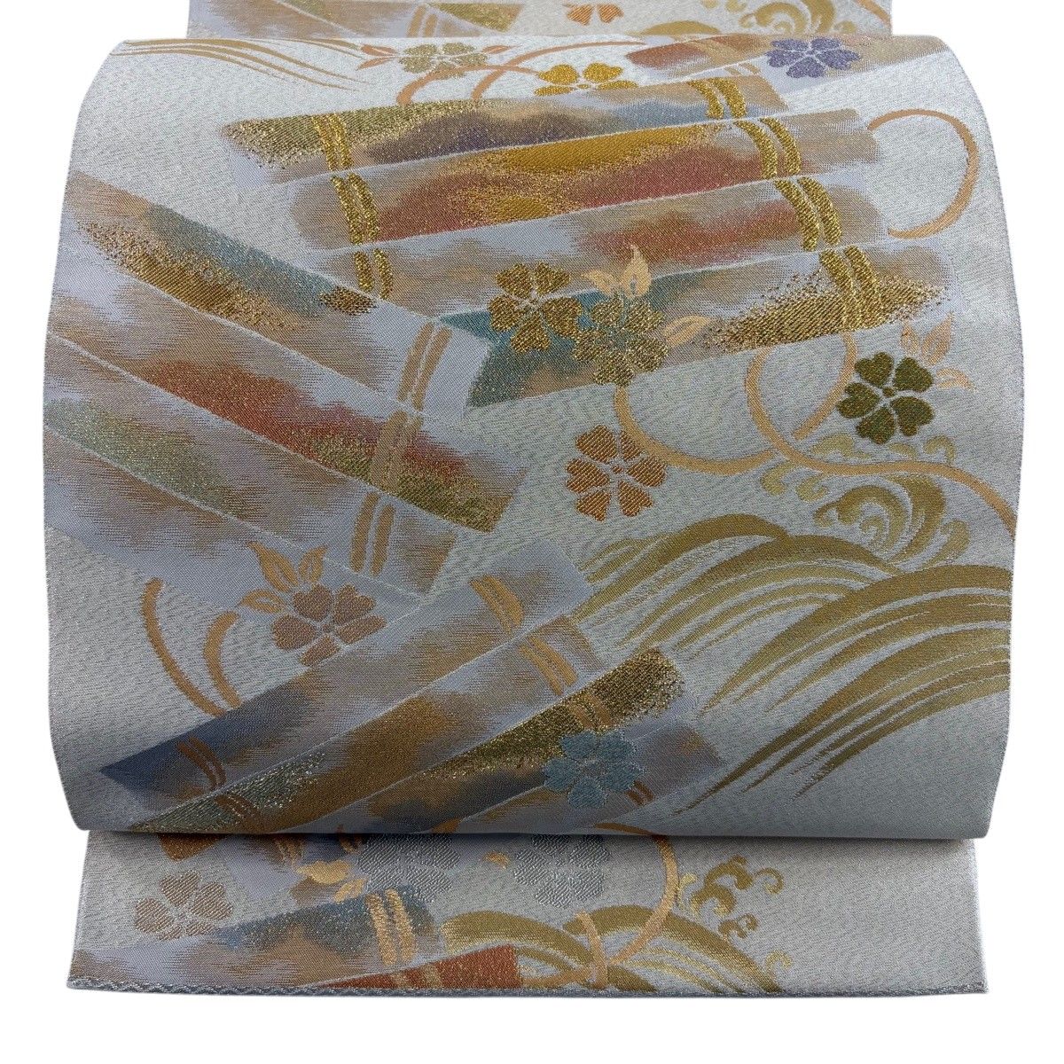 【美品】 袋帯 秀品 関西仕立て 花筏 波頭 箔 クリーム お太鼓柄 正絹 【中古】