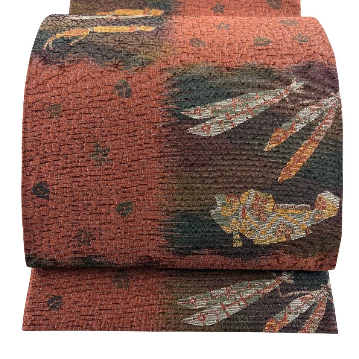 【美品】 袋帯 秀品 魚 蓮根 箔 赤茶 六通 正絹 【中古】
