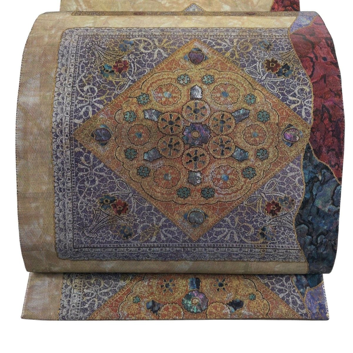【美品】 袋帯 秀品 華文 花束 螺鈿 金銀彩 薄茶色 お太鼓柄 正絹 【中古】
