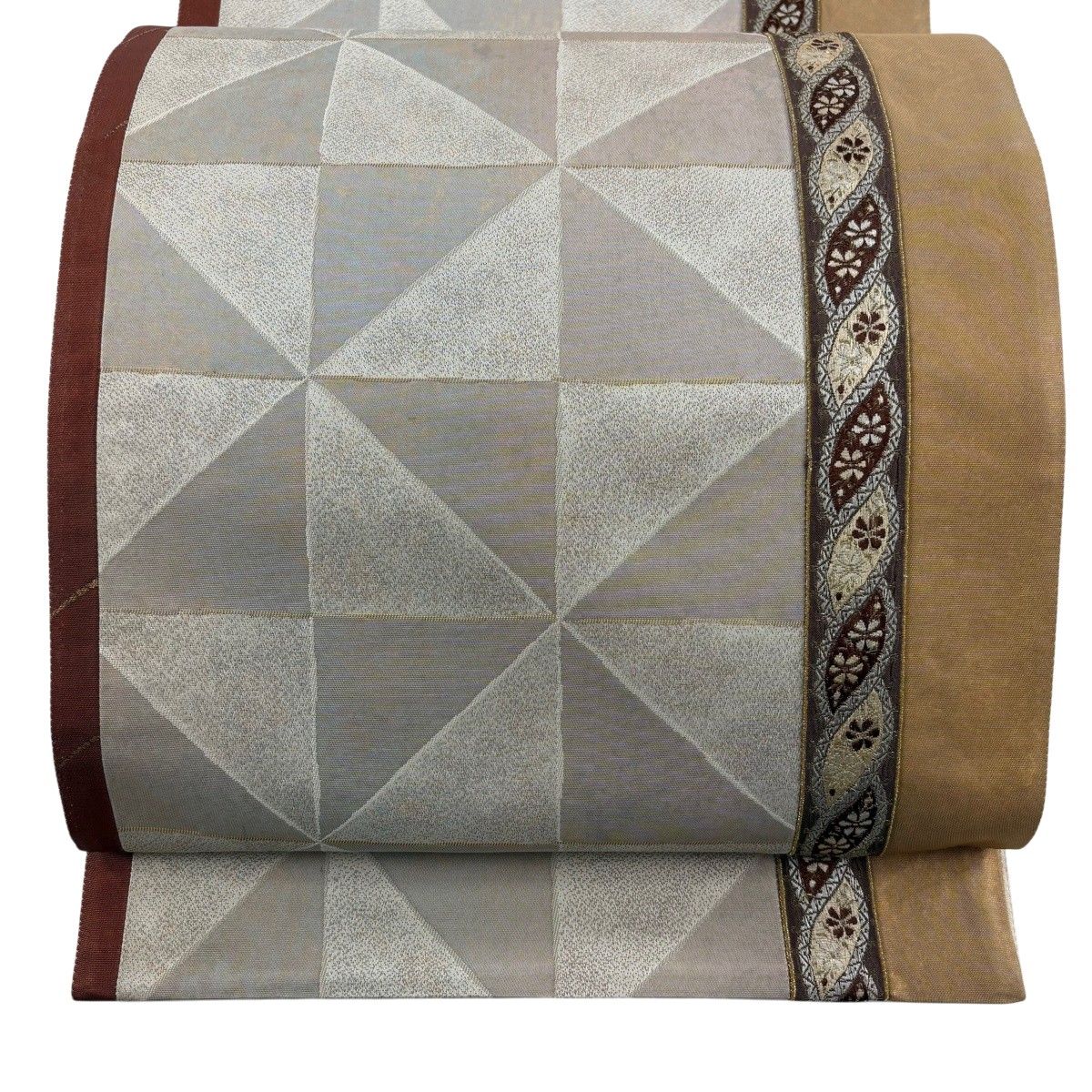 【美品】 袋帯 秀品 幾何学模様 花 箔 金銀糸 ベージュ 六通 正絹 【中古】