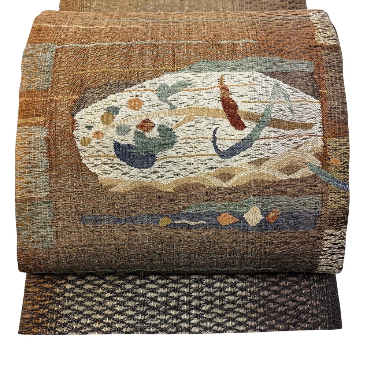 【美品】 袋帯 秀品 葉柄 波 焦茶色 お太鼓柄 正絹 【中古】