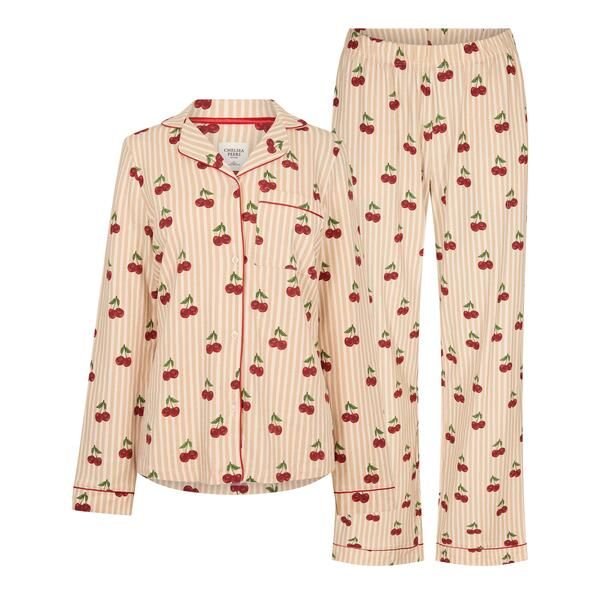 チェルシーピア レディース アンダーウェア ナイトウェア コットン Chelsea Peers Womens Cotton Long Sleeve Pyjama Set Cherry Stripes