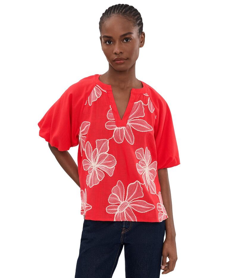 ヴィンスカムート レディース トップス シャツ コントラスト Vince Camuto Contrast Split Neck Band Bubble SleeveWo Lobstered レッド