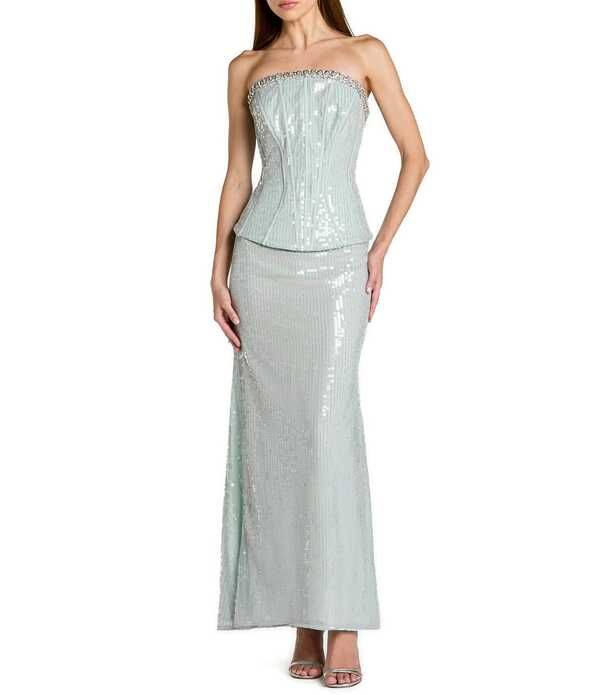 マックダガル レディース トップス ワンピースパンコール ストラップレス Mac Duggal Straplessequin Peplum Top Rhinestone Gown Pale Blue