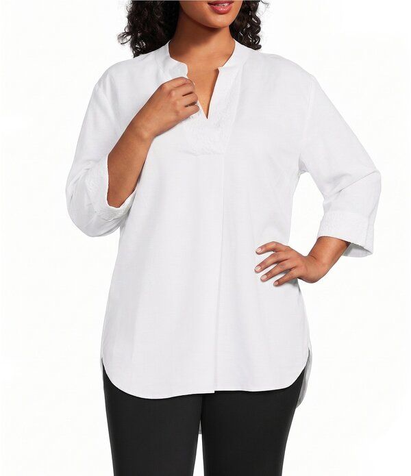 アンクライン レディース トップス シャツ プラスサイズ リネン Anne Klein Plus 34 Sleeve Linen Tunic With Combo Cuffs Crisp White