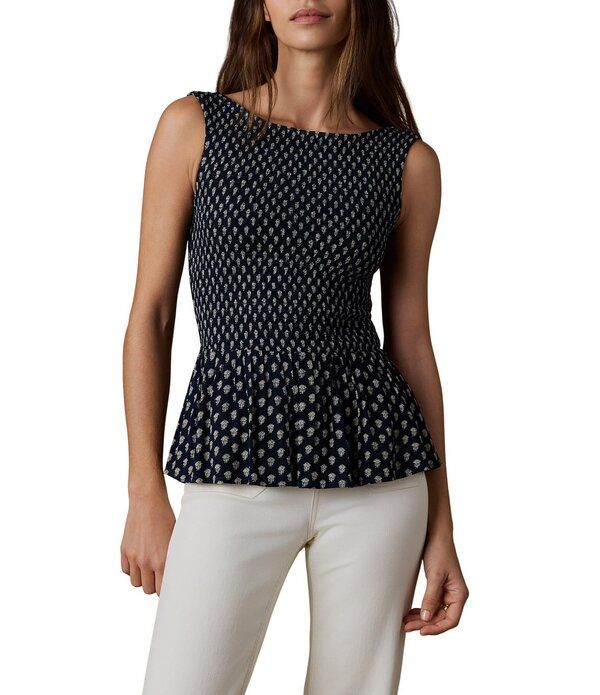 ファレティ レディース トップス シャツ ノースリーブ シャーリング Faherty Sophia Woven Boat Neck Sleevelessmocked Babydoll Top Navy