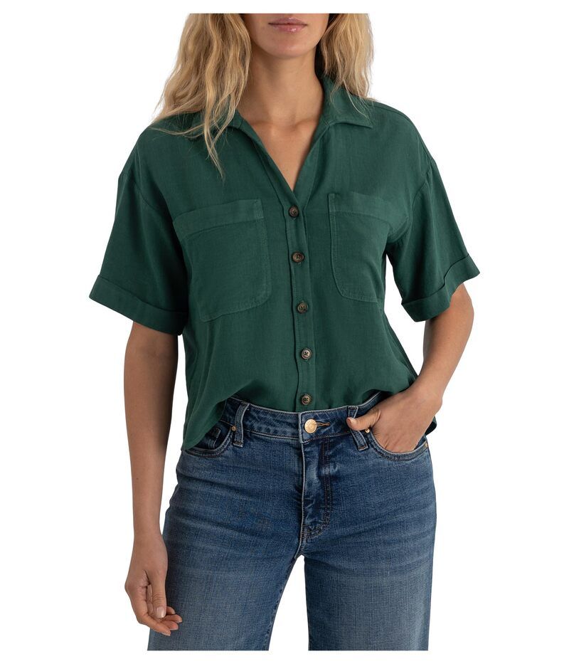 カットフロムザクロス レディース トップス シャツ KUT from the Kloth Brianna Boxy Button Front Shirt with Short Sleeve Pocke