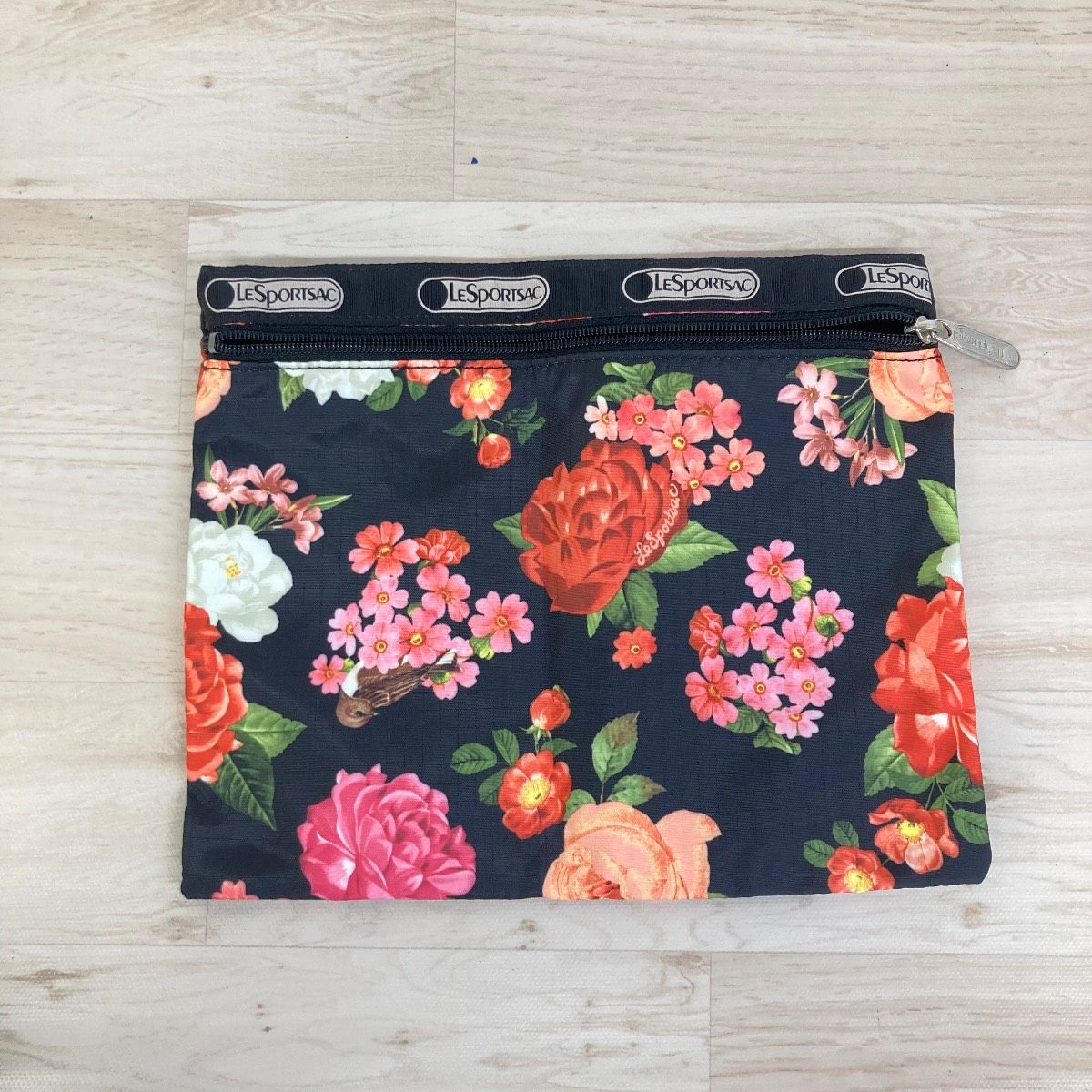 美品 LESPORTSAC レスポートサック ポーチ 花柄/鳥柄 ブラック/マルチ 